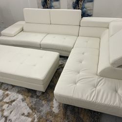 New Top Grain Leather Sectional.  White & Black.  120” X 85”.  Free Delivery!