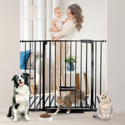30 Inch Tall Baby Gate with Small Cat Door, Adjustable Auto Close Dog Gate Easy Walk Thru Pet Door for Stairs, Doorway, House (Black, 29.52"-43.71")