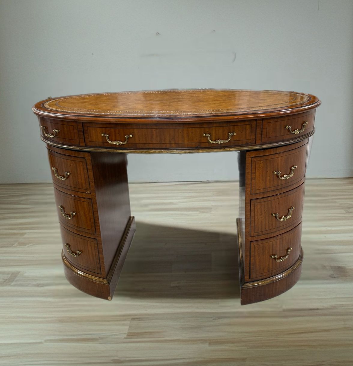 Maitland Smith Oval Leather Partners Desk Victorian burlwood style