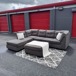 Grey L-Shaped Sectional Couch with Ottoman- FREE DELIVERY