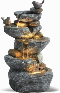 Tiered Rock Fountain with Birds and LED Lights