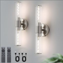 Hongren Battery Operated Wall Sconces Set of Two Modern Rechargeable Wall Sconces with Remote Control LED Sand Nickel Wall Lights