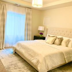 King Upholstered Wingback Bed Frame With Box Spring- Beige