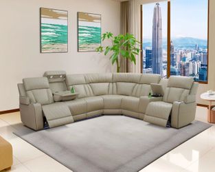 Power electric beige taupe fabric fully reclining sectional couch