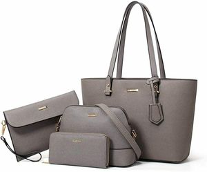 Women Fashion PU Leather Handbags Tote Bag Shoulder Top Handle (Grey) Set 4pcs