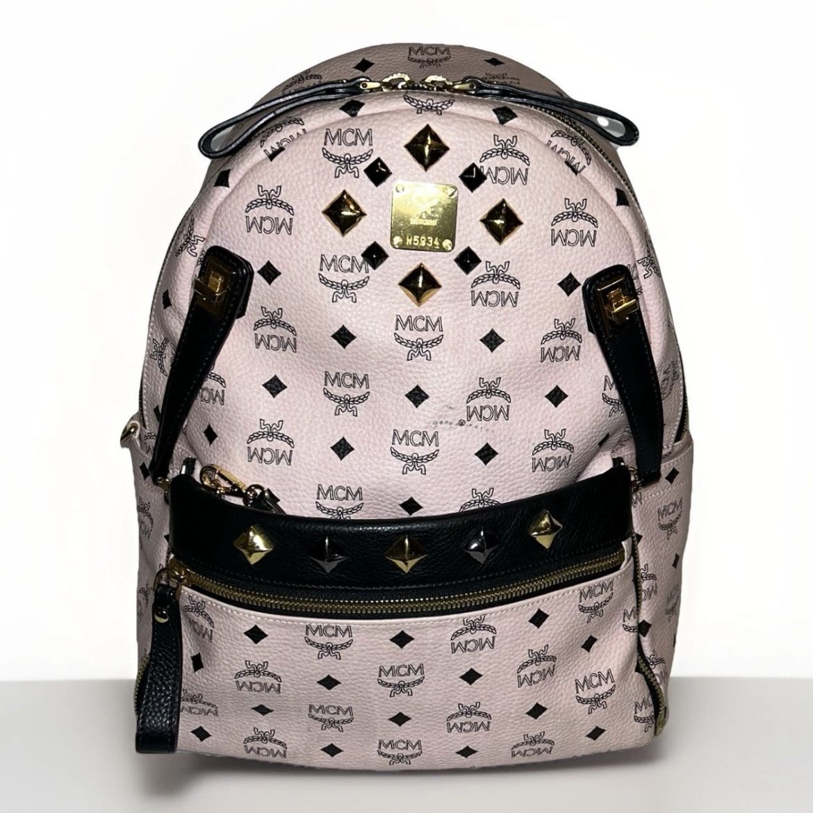 MCM Visetos Studded Dual Stark Backpack Pouch Women Soft Pink Leather Gold Black