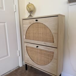 Shoe Cabinet Wood Rattan 