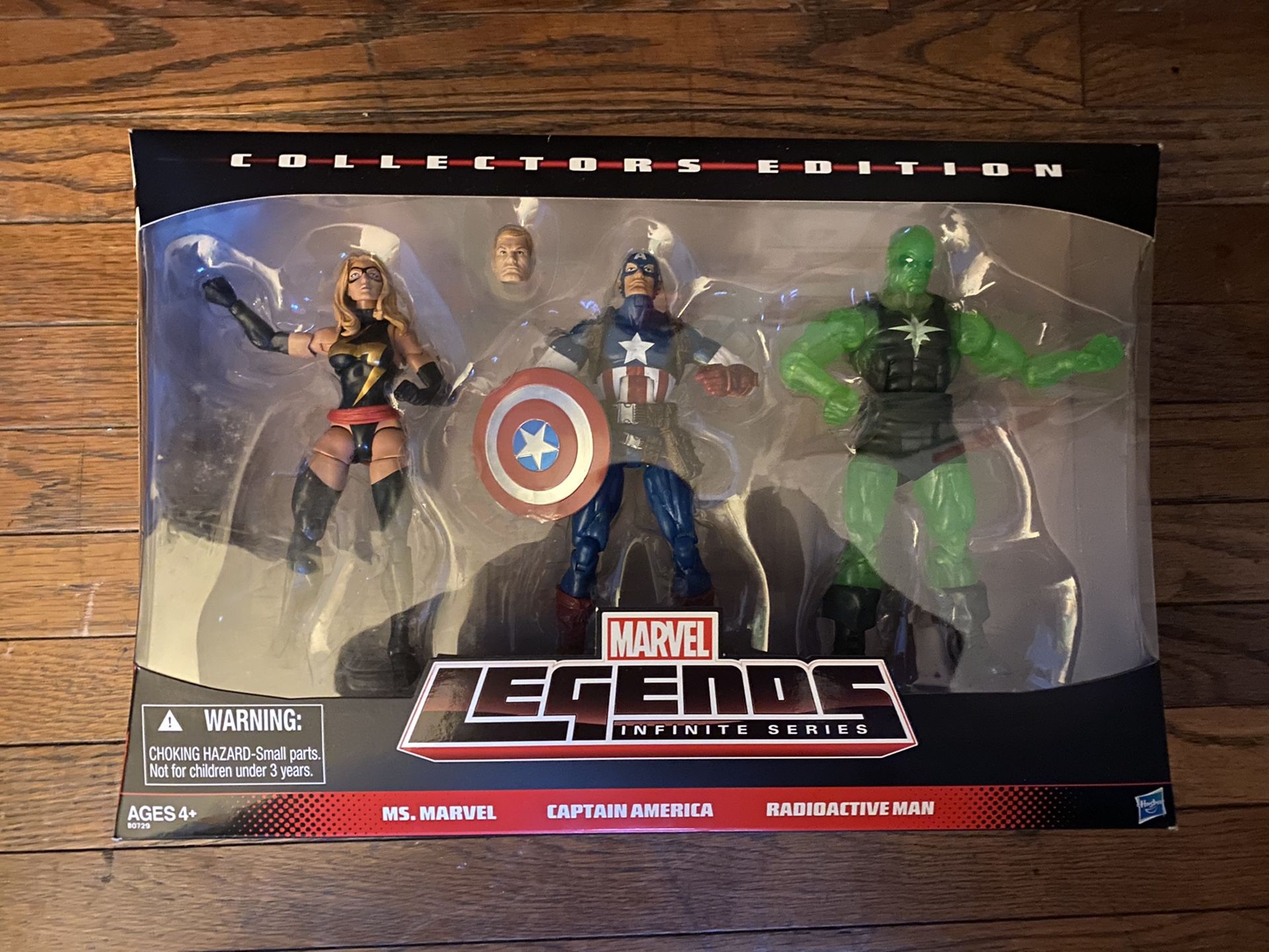 Marvel legends captain America, captain marvel/ ms marvel, radioactive man.