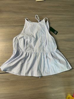 Women’s Wild Fable High-Neck Babydoll Halter Top blue and white striped Size L