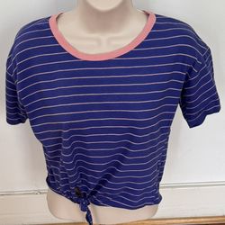 Charlotte Russe Striped Blue and Pink Cotton Tie Front T-shirt, size S