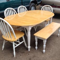 Country Dining Table And Chairs With Bench & Leaf/ Farmhouse/ Rustic/ White Solid Wood/ Oak