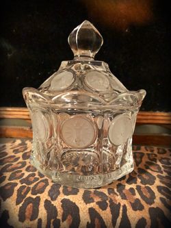 Vintage MCM Fostoria Coin Pressed Clear Glass Sugar Candy Trinket Jar with Lid - Crystal
