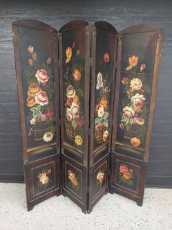 Vintage Hand-Painted Floral 4-Panel Wood Room Divider
