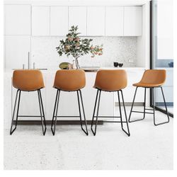 Bar Stools Set of 4, 24" ALX Faux Leather Barstools, Modern Counter Height Stools with Back and Metal Legs, Armless Counter Chairs for Kitchen Island,