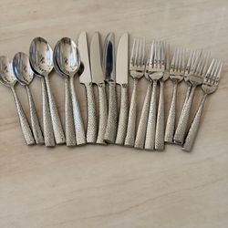Pier 1 Imports Hammered Stainless Flatware Set 18Pc Forks Spoons Knives