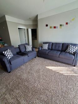 2 Piece Sofa & Loveseat Gray/Blue Fabric Tufted - Financing Available- $39 Down No Credit Necessary 