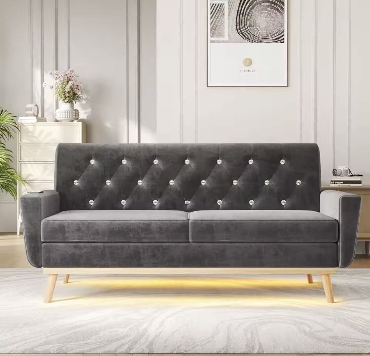 Vabches 65'' Loveseat Sofa with LED Light 2 Seater Sofa with USB Port&Soft Cushion Upholstered Comfy Small Couch for Living Room