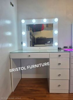 ♻️ White Vanity, Mirror and Desk, Top Glass, New in the Box.