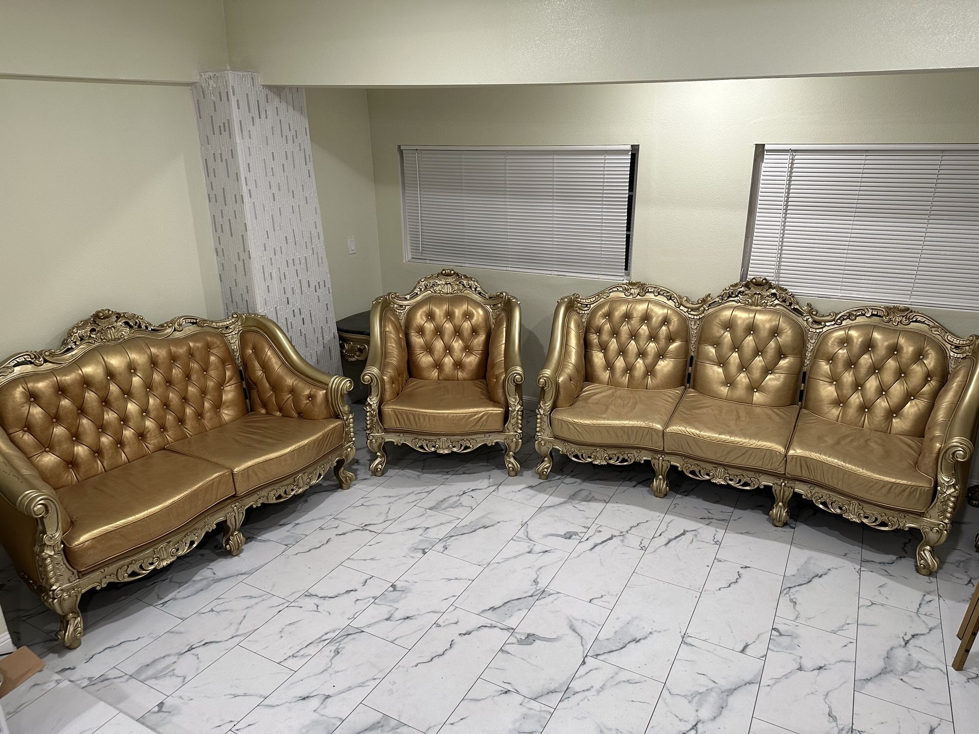 French Tufted Gold Leather 3-Piece Sofa Set Couches