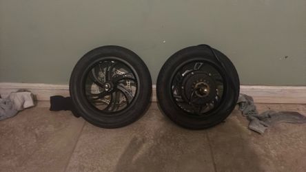 Rear and front wheels, e-bike wheels.