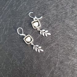 Willow Leaf And Frost White Heart Earrings