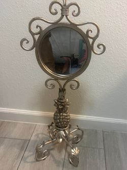 Vintage Ornate Gold Metal Vanity Table Mirror with Pineapple Base