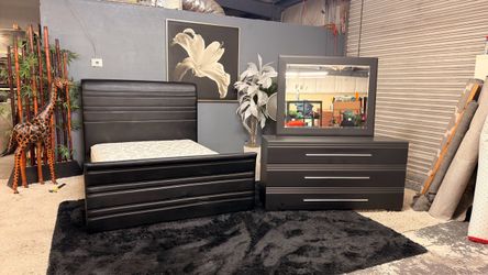 Black Leather Queen Bedframe With Mattress & Dresser - Delivery Available
