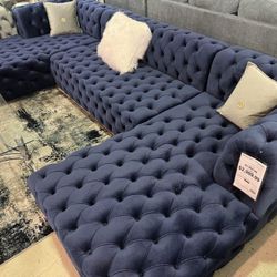 LH 👉$39 Down Payment  For Financing 👉 Contemporary Luxury Blue Tufted Velvet Upholstered Deep Seating Huge U Shape Sectional Sofa With Double Chaise