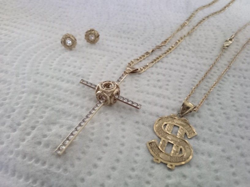 10 Karat Gold For Sale 400 For The Dollar Sign Chain 500 For The Big Pendant Cross 150 For The Earring Let Me Know We'll Make A Deal