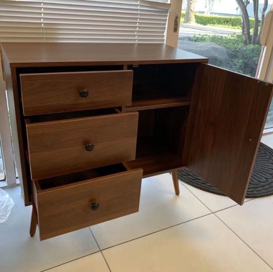 Storage Cabinet with 1 Side Cabinet and 3 Large Drawers, 1 Adjustable Shelf, Mid-Century Modern Sideboard, Drawer Dresser, 29.7" L TV Stand Freestandi