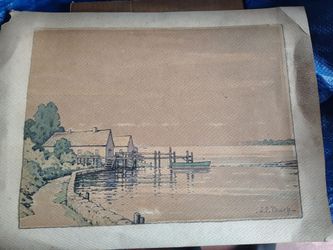 Signed Watercolor Painting Harbor Scene J.P. Tharp