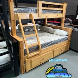 Twin Full Natural Bunk Bed With Mattresses Trundle 