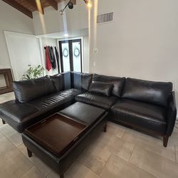 Black Leather Sectional Sofa with Ottoman | Modern L-Shaped Couch