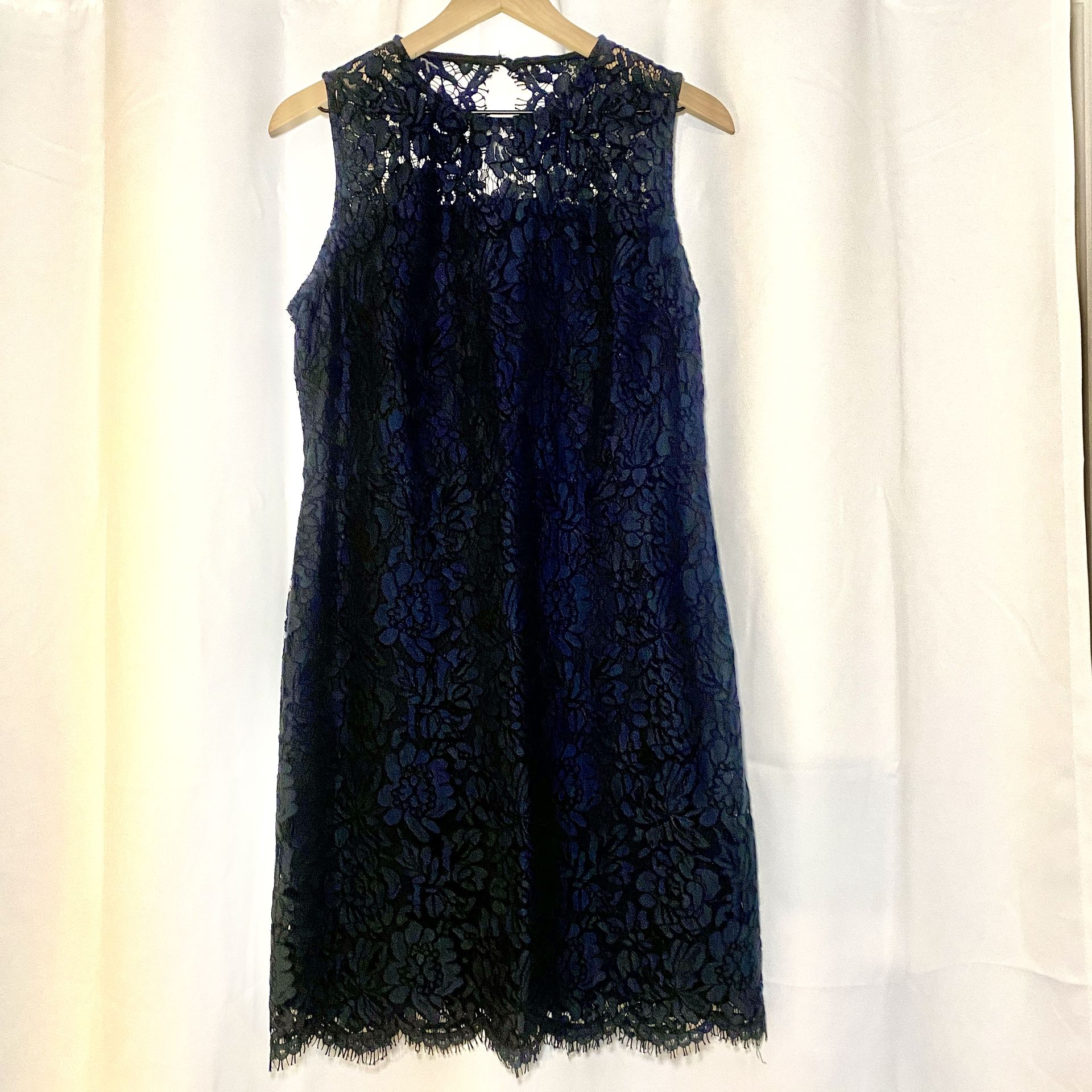 Banana Republic Navy Blue Lace Overlay Sheath Cocktail Dress Womens Raw 12 EUC