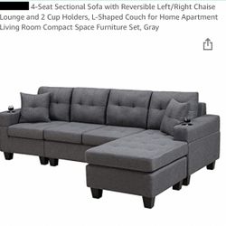 4-Seat Sectional Sofa with Reversible Left/Right Chaise Lounge and 2 Cup Holders, L-Shaped Couch for Home Apartment Living Room Compact Space Furnitur