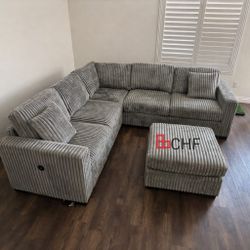 Corduroy Living Room Sectional Sofa With Ottoman  And USB Ports 