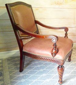 Antique-Style Brown Leather Armchair with Nailhead Trim - Delivered