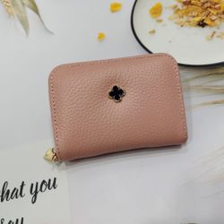 Credit Card Holder, Small Leather Zipper Card Case Wallet for Women(pink，black）