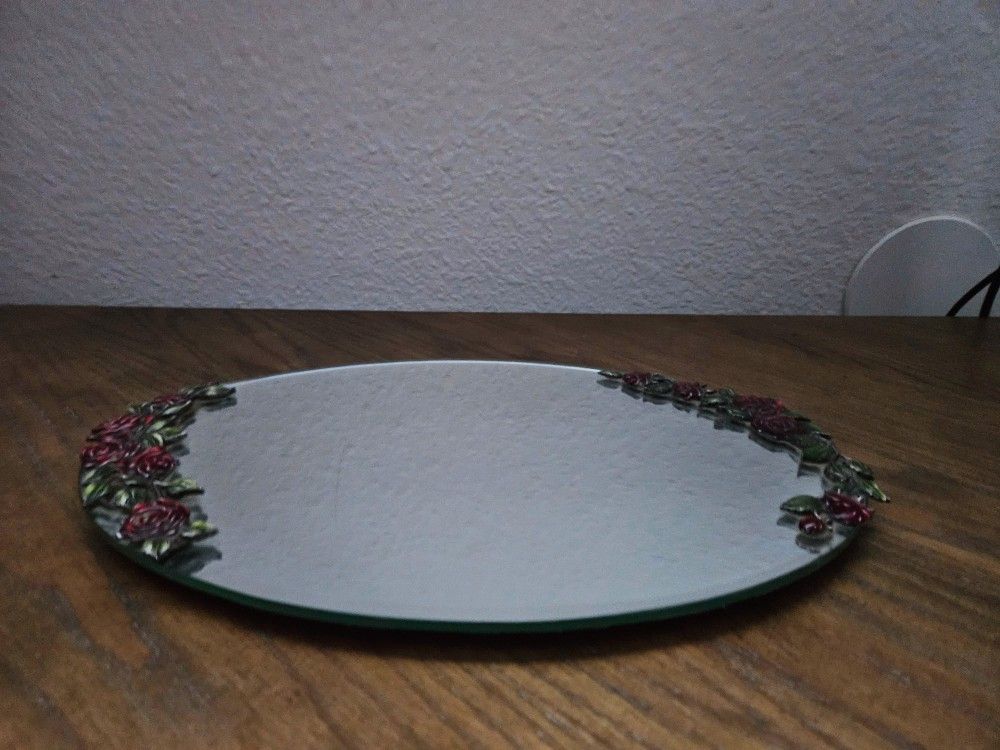 Art Nouveau Oval Mirror Tray with Green and Red Enamel Red Roses for Bathroom Decor or Perfume Display