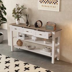 Hagberg 63" Console Table with 3 Wood Drawers and Storage Shelves White