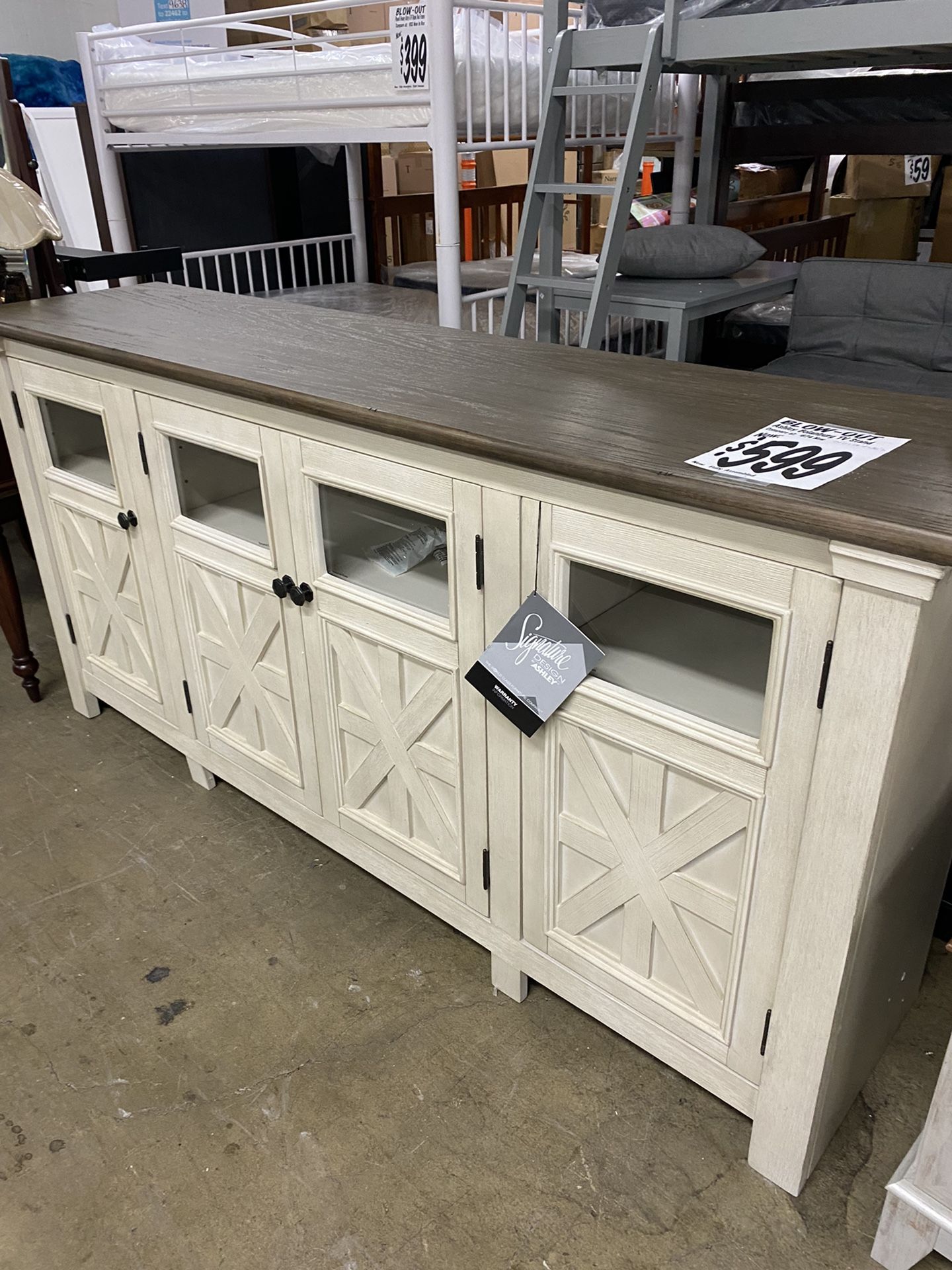 SALE!  BRAND NEW ASHLEY Bolanburg TV Stand - 74”w X 36”h X 18”d (Reg. $674)  ASSEMBLED FREE!!