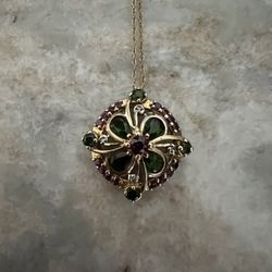 Gorgeous Vintage Emerald Ruby Diamond Sterling GP Pendant Necklace 