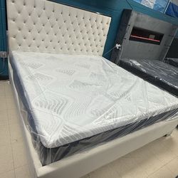 King platform bed frame beige velvet with mattress on sale for: