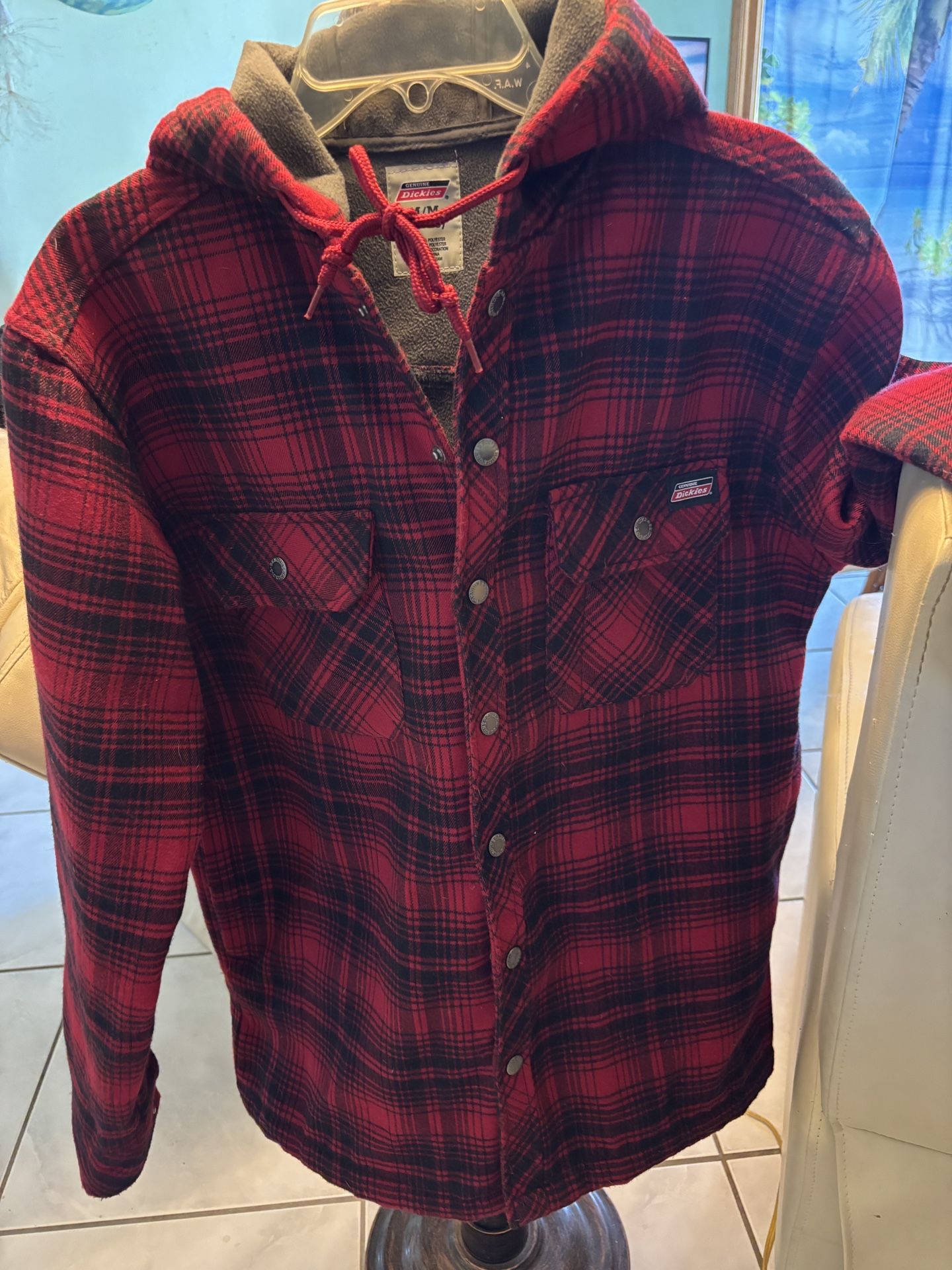 Dickies Flannel Fleece Jacket Red Plaid Hooded Shacket Men's Size M 38/40