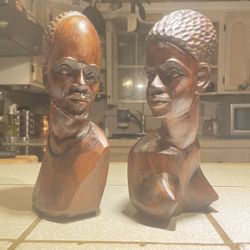 Vintage Sculptures African Male & Female Couple Bust  16in H By 6in W Hand Carved Wooden Sculptures Art Work Sculpture Handmade Like New Condition