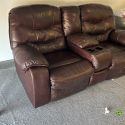 Reclining Leather Loveseat With Storage In Upholders