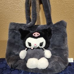 Hello Kitty Fluffy Grey tote bag Of prominent plush of Kuromi