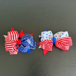 Patriotic Hair Bows Alligator Clips Red White Blue Stars Stripes Grosgrain 2pc