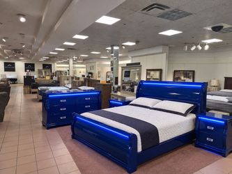 Brand-New Royal Blue LED King Bedroom Set – Bed, Dresser & 2 Nightstands