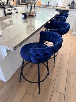 Blue Velvet Woven Back Bar Stools Set of 4